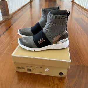 Michael Kors Gunmetal Knit Sock Sneakers with Black Strap